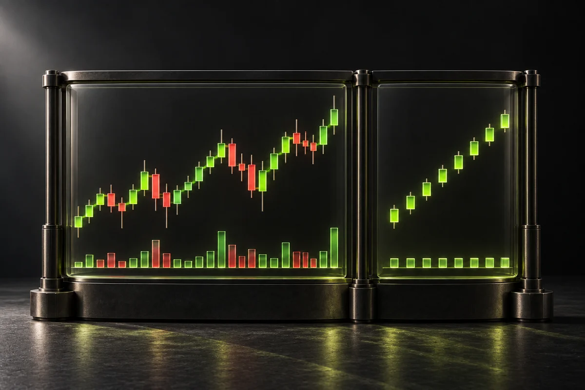 A normal volatile candlestick uptrend next to a suspicious chart with only green candles