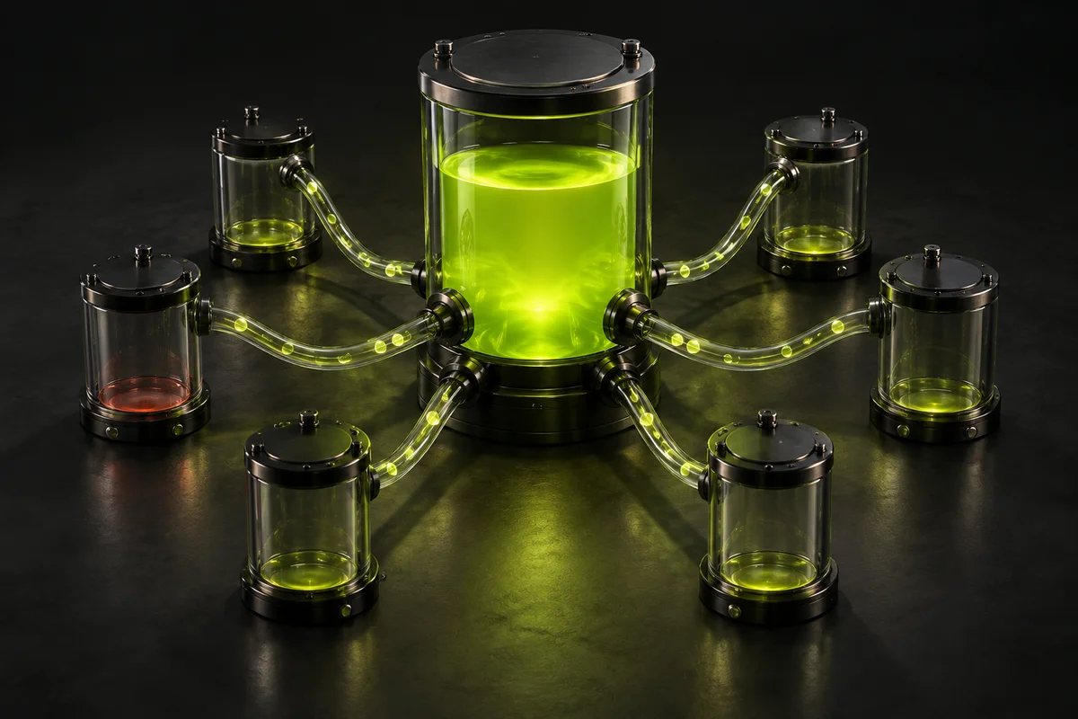 A large reservoir of lime liquid connected to six nearly empty smaller reservoirs, a metaphor for concentrated trading profits